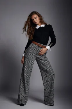 Holland Cooper Trousers|In Stock Tailoring-High Waisted Straight Trouser Large Scale Prince of Wales Mono