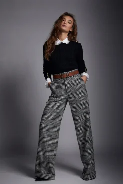 Holland Cooper Trousers|In Stock Tailoring-High Waisted Straight Trouser Large Scale Prince of Wales Mono