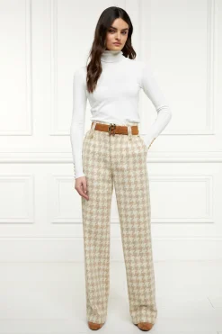 Holland Cooper Trousers|In Stock Tailoring-High Waisted Straight Trouser Camel Houndstooth