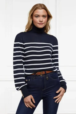 Holland Cooper Knitwear|Wardrobe Staples-Kelsie Roll Neck Knit Ink Navy Natural Stripe