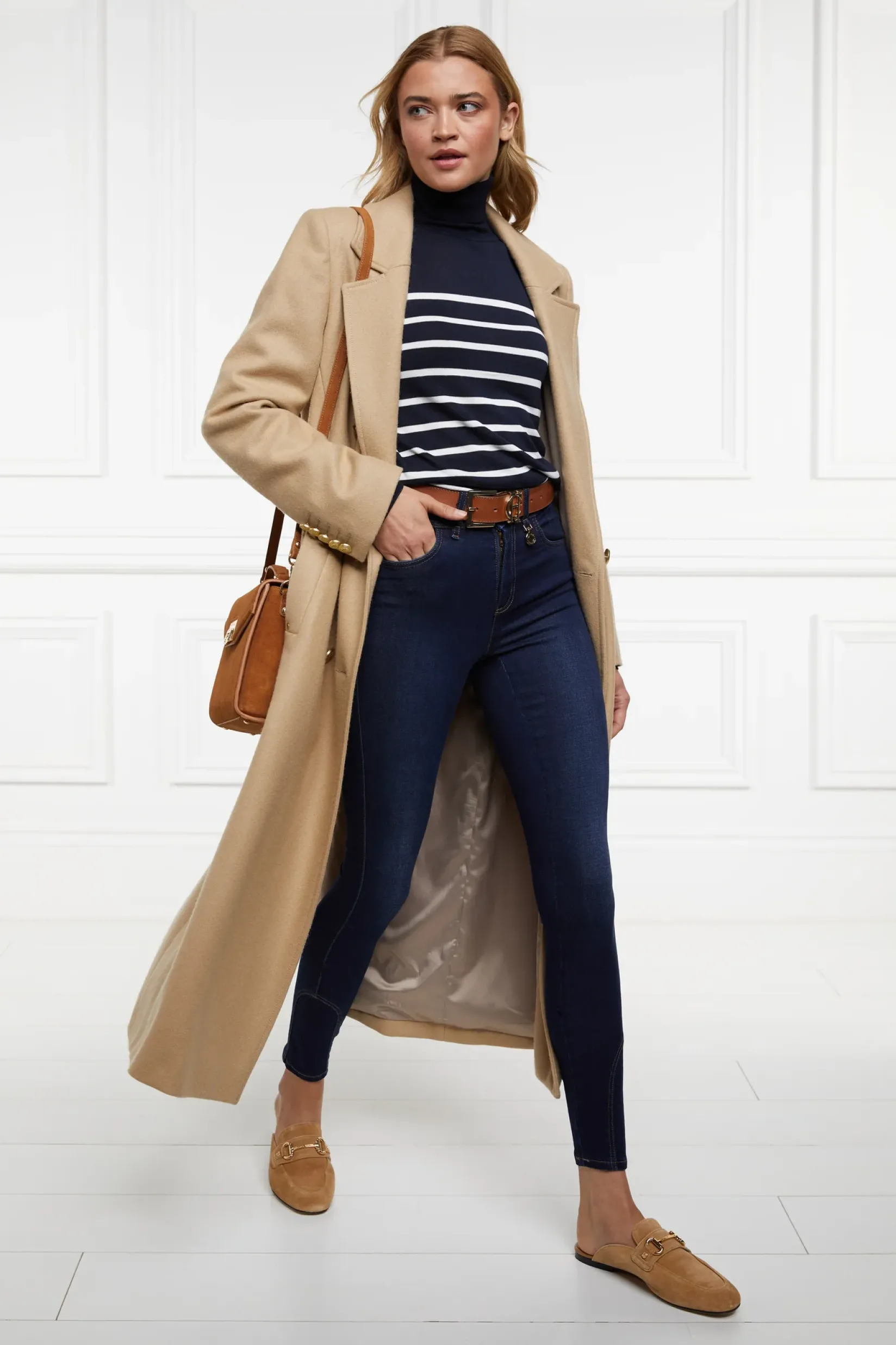 Holland Cooper Knitwear|Wardrobe Staples-Kelsie Roll Neck Knit Ink Navy Natural Stripe