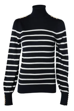 Holland Cooper Knitwear|Wardrobe Staples-Kelsie Roll Neck Knit Ink Navy Natural Stripe