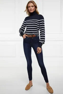 Holland Cooper Knitwear|Wardrobe Staples-Kelsie Roll Neck Knit Ink Navy Natural Stripe