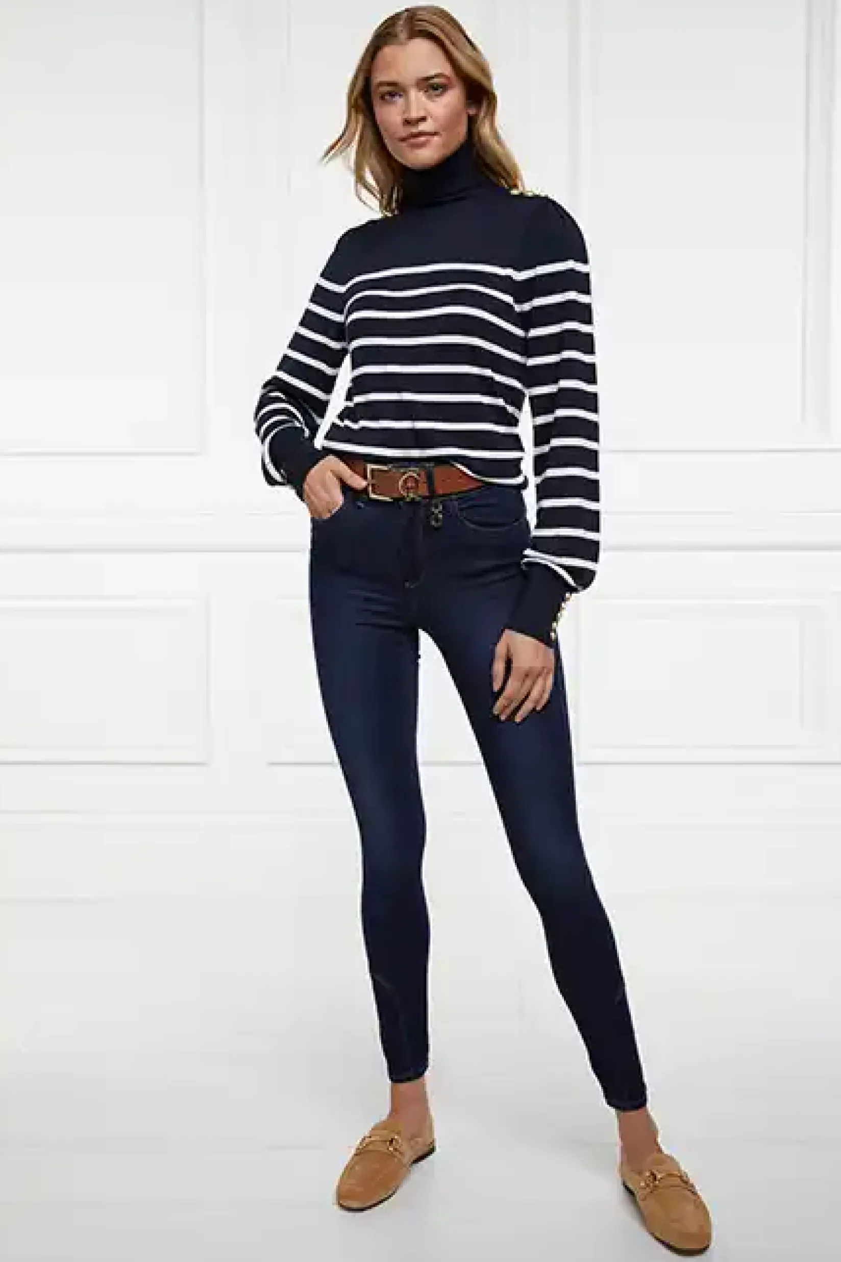Holland Cooper Knitwear|Wardrobe Staples-Kelsie Roll Neck Knit Ink Navy Natural Stripe