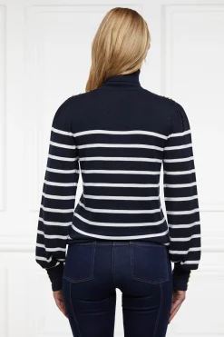 Holland Cooper Knitwear|Wardrobe Staples-Kelsie Roll Neck Knit Ink Navy Natural Stripe