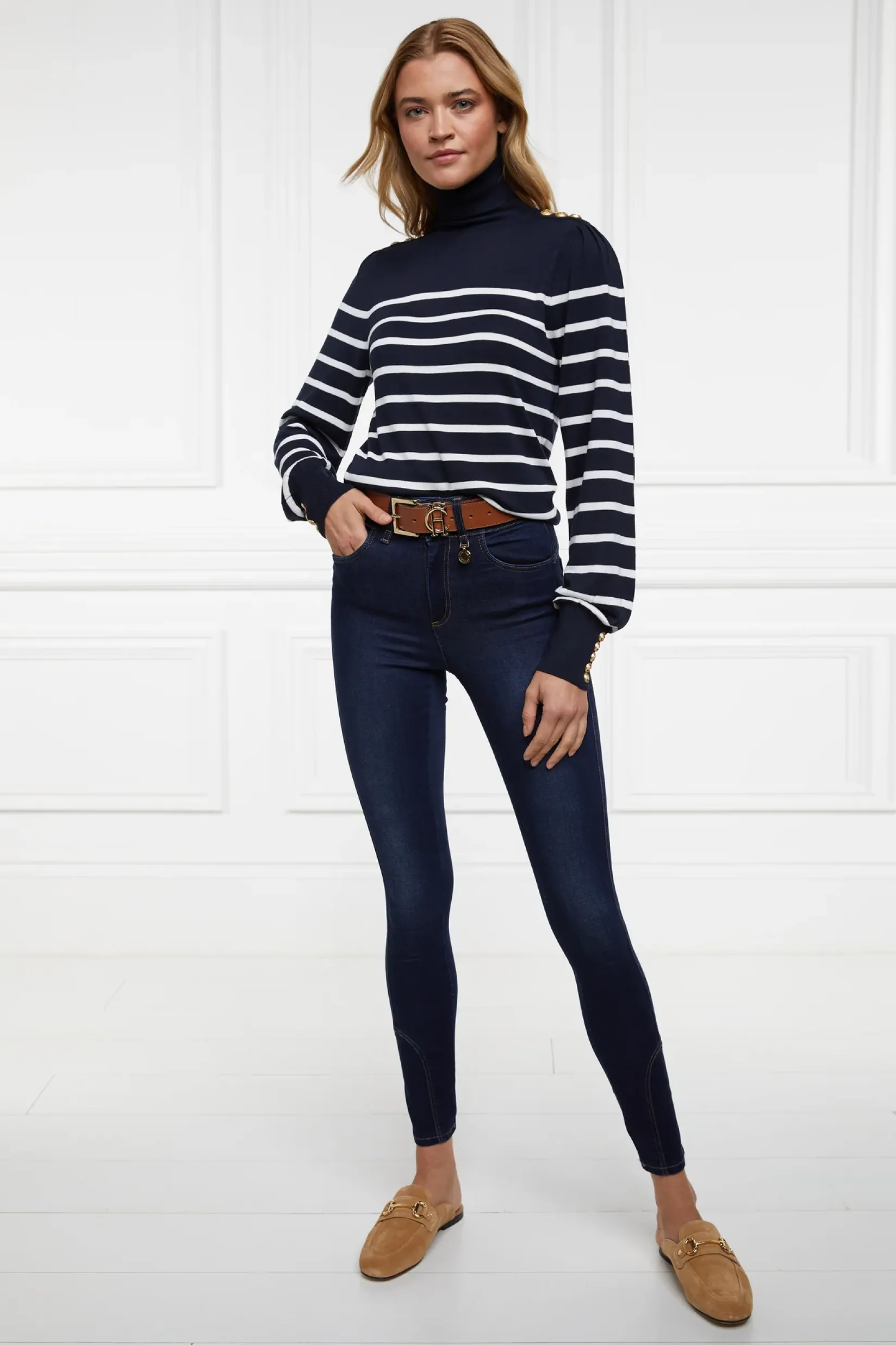 Holland Cooper Knitwear|Wardrobe Staples-Kelsie Roll Neck Knit Ink Navy Natural Stripe