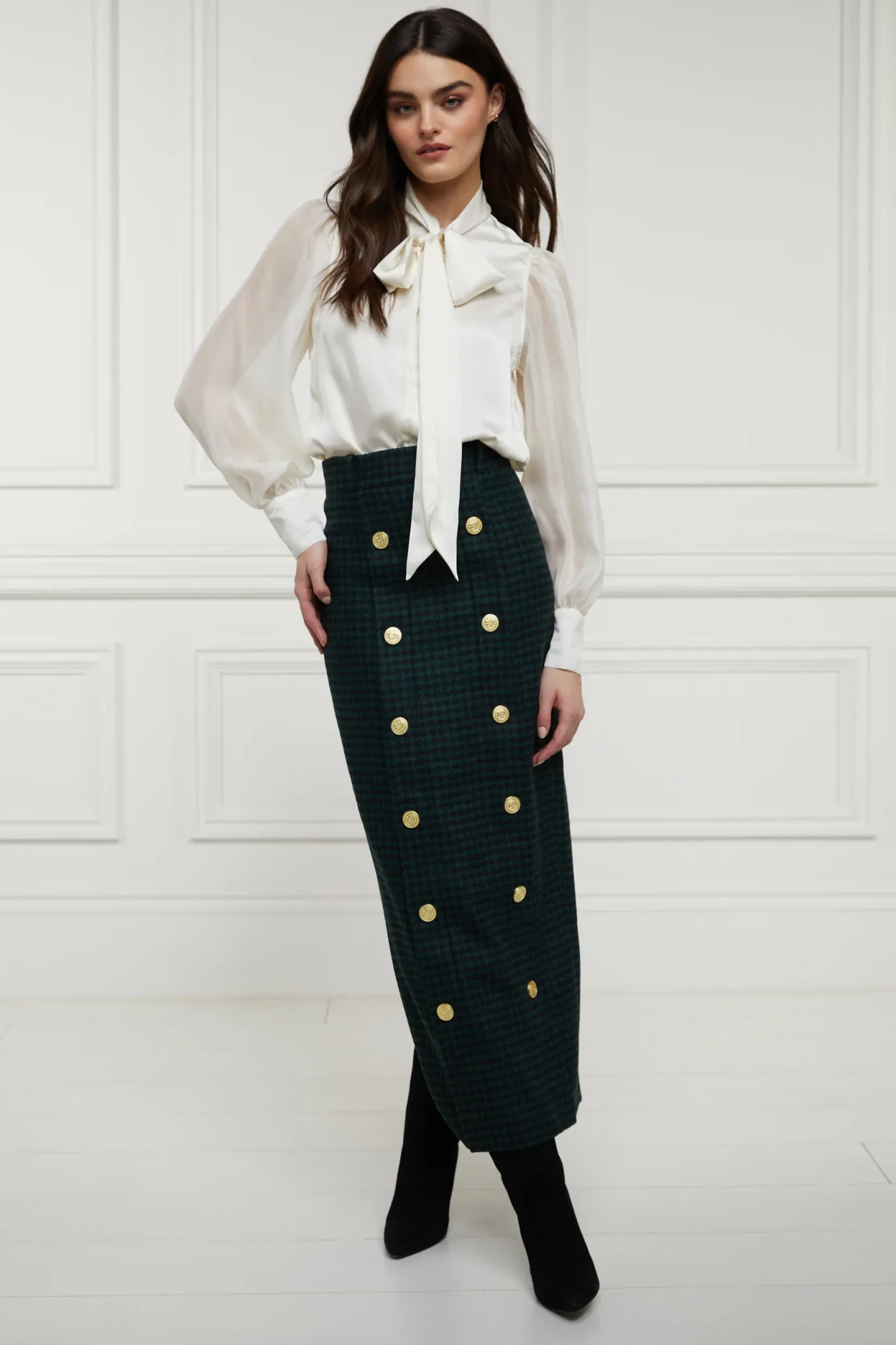 Holland Cooper Skirts|Shop By Product-Knightsbridge Maxi Skirt Emerald Houndstooth