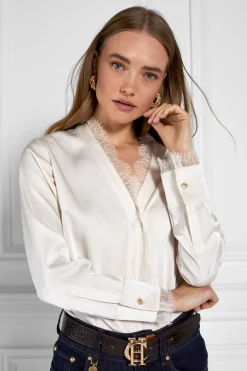 Holland Cooper Shirts & Blouses|Back In Stock-Lace V-Neck Blouse Oyster