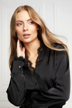 Holland Cooper Shirts & Blouses|The Date Night Edit-Lace V-Neck Blouse Black Satin