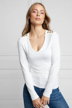 Holland Cooper Tees|Tops-Long Sleeve V-Neck Tee White