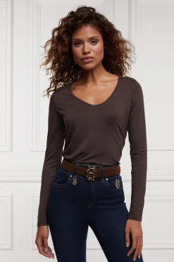 Holland Cooper Tees|Tops-Long Sleeve V-Neck Tee Coffee