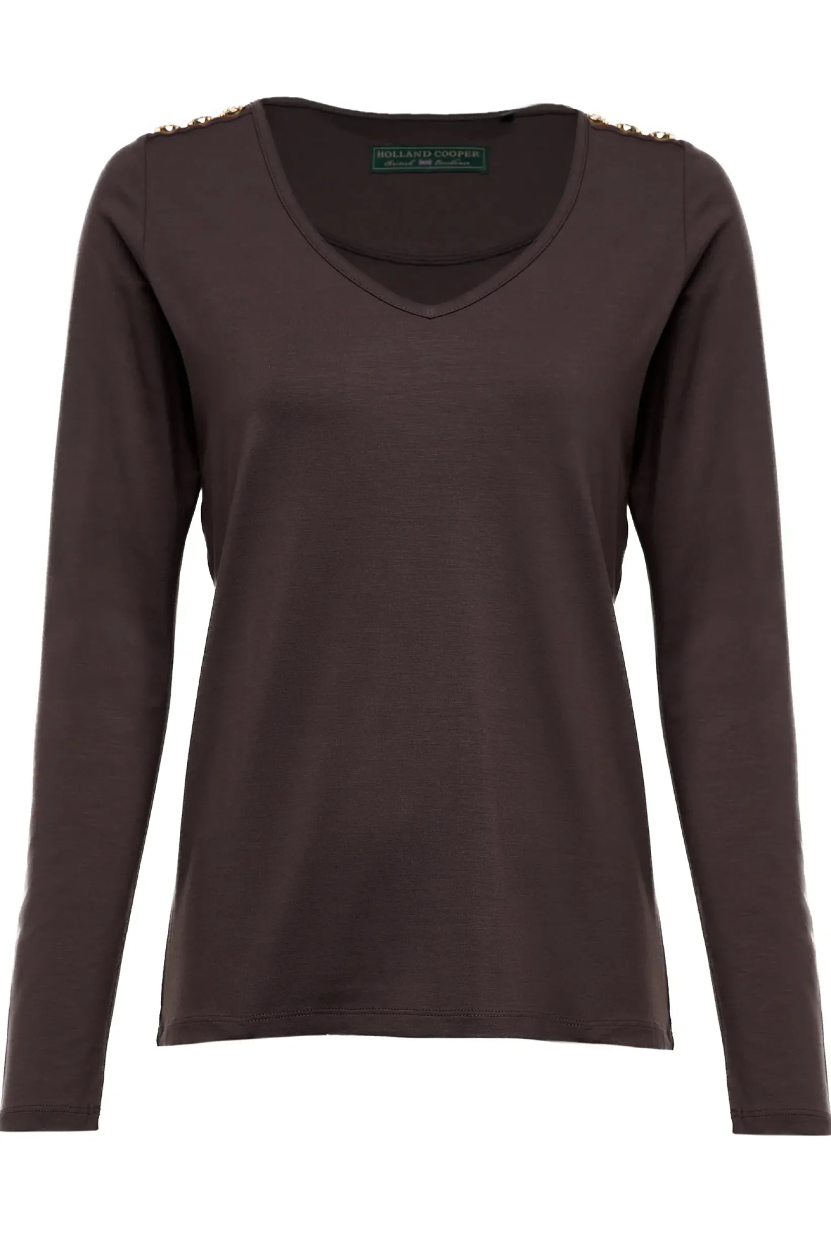 Holland Cooper Tees|Tops-Long Sleeve V-Neck Tee Coffee