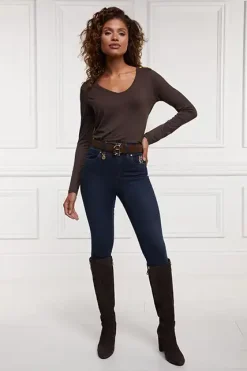 Holland Cooper Tees|Tops-Long Sleeve V-Neck Tee Coffee