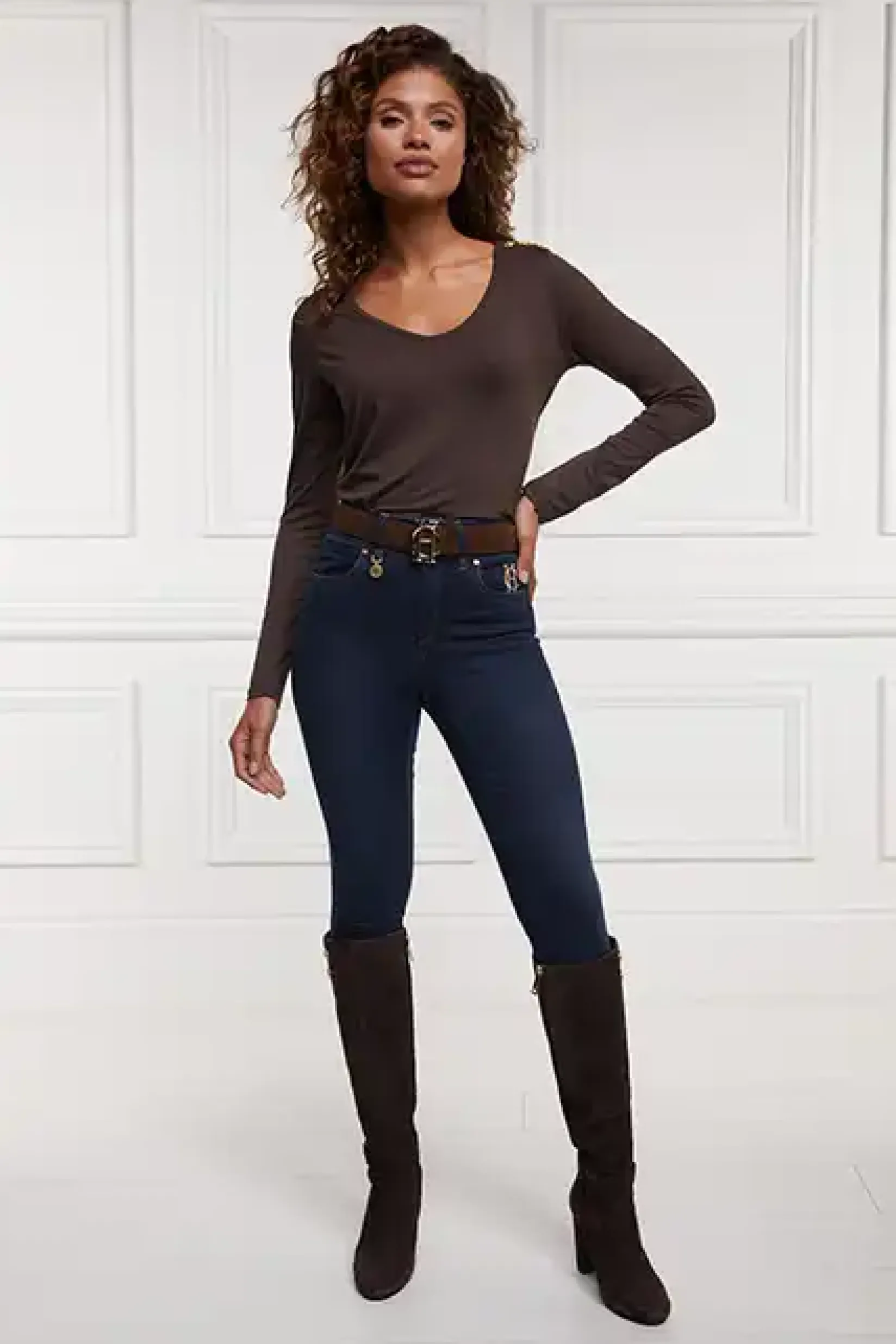 Holland Cooper Tees|Tops-Long Sleeve V-Neck Tee Coffee