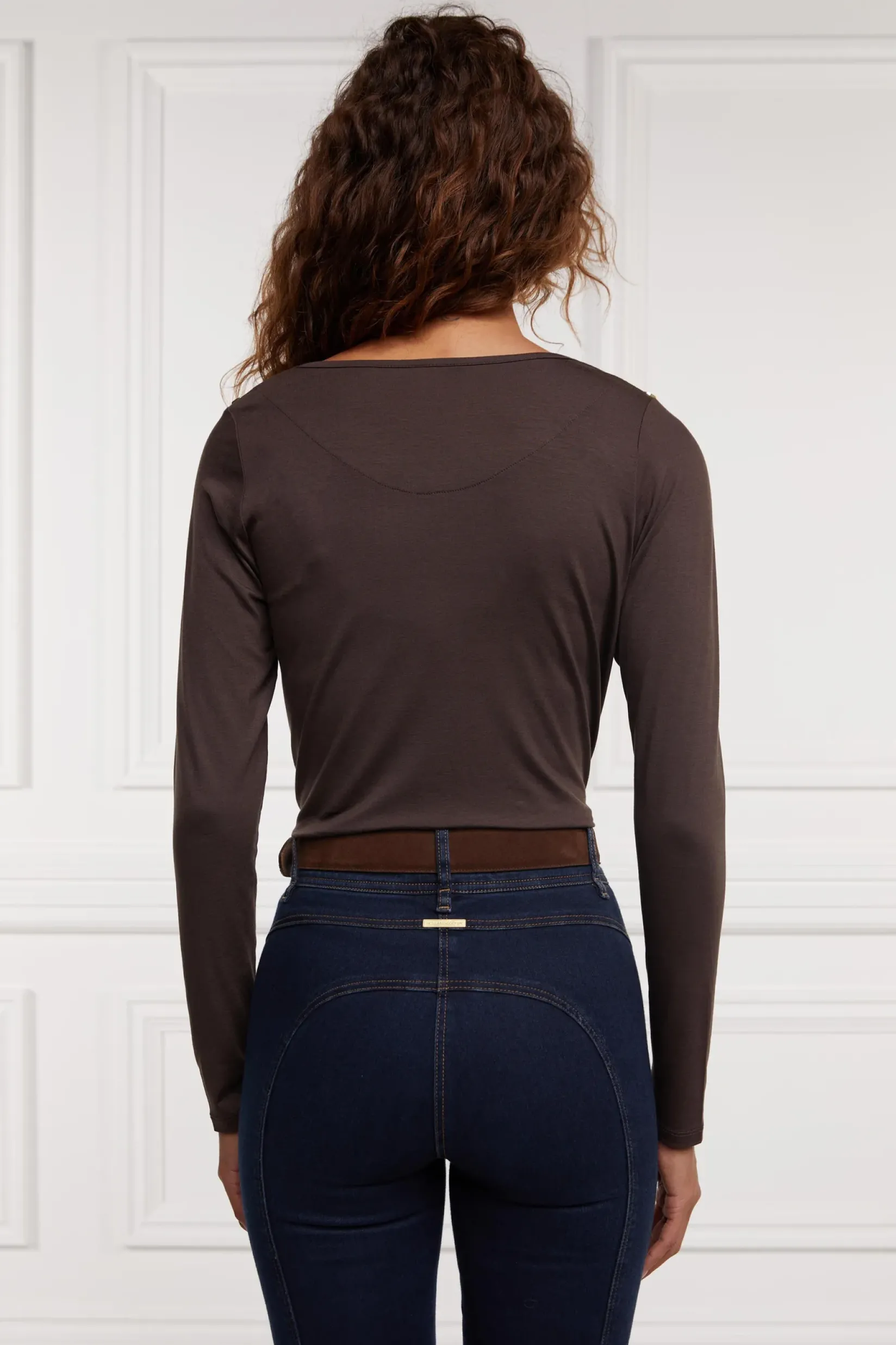 Holland Cooper Tees|Tops-Long Sleeve V-Neck Tee Coffee