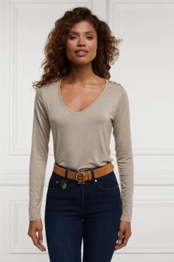 Holland Cooper Tees|Tops-Long Sleeve V-Neck Tee Oatmeal