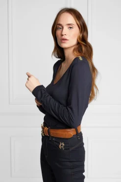 Holland Cooper Tees|Tops-Long Sleeve V-Neck Tee Ink Navy