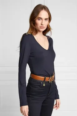 Holland Cooper Tees|Tops-Long Sleeve V-Neck Tee Ink Navy