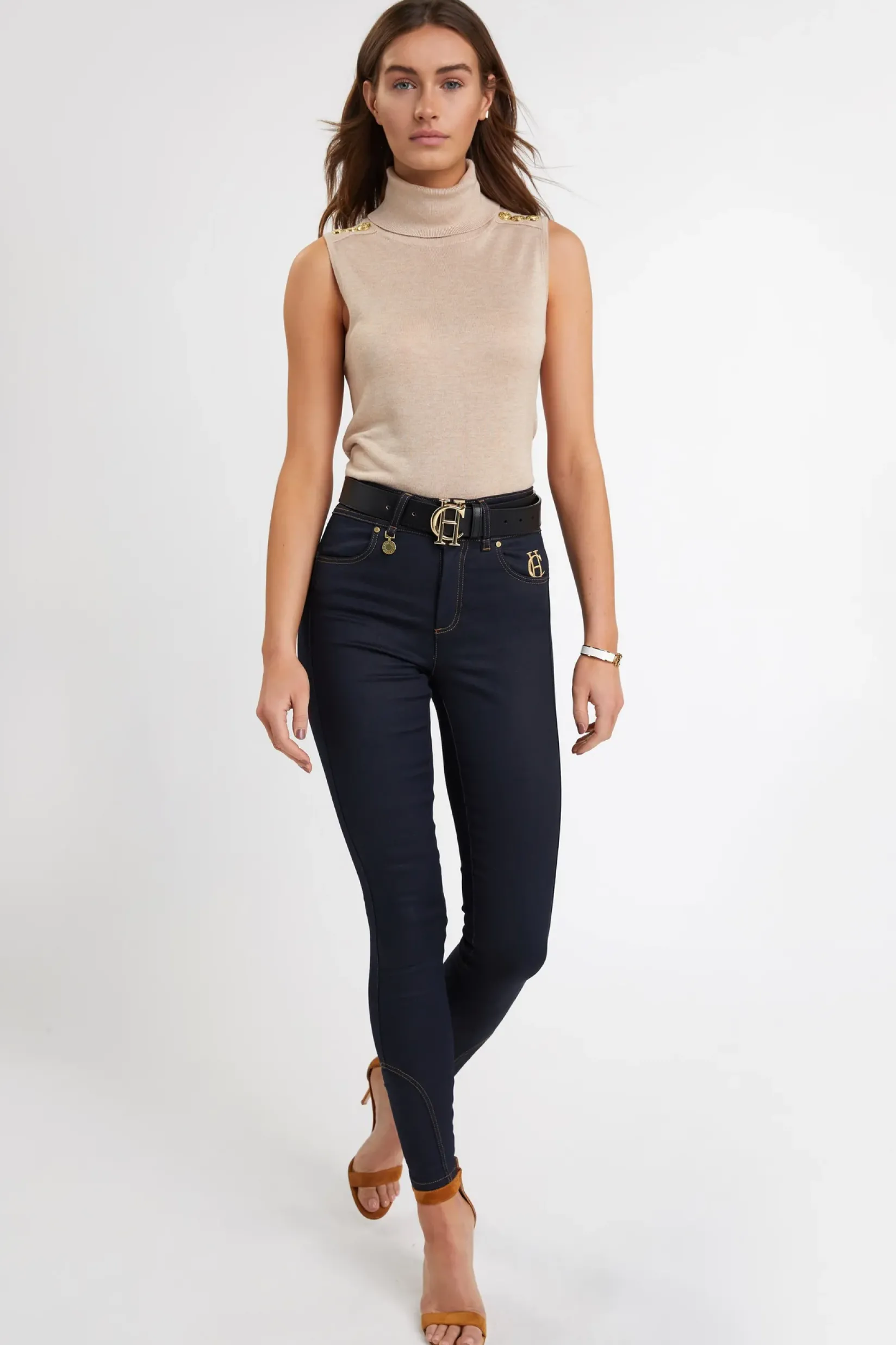 Holland Cooper Knitwear-Luxury Sleeveless Roll Neck Camel
