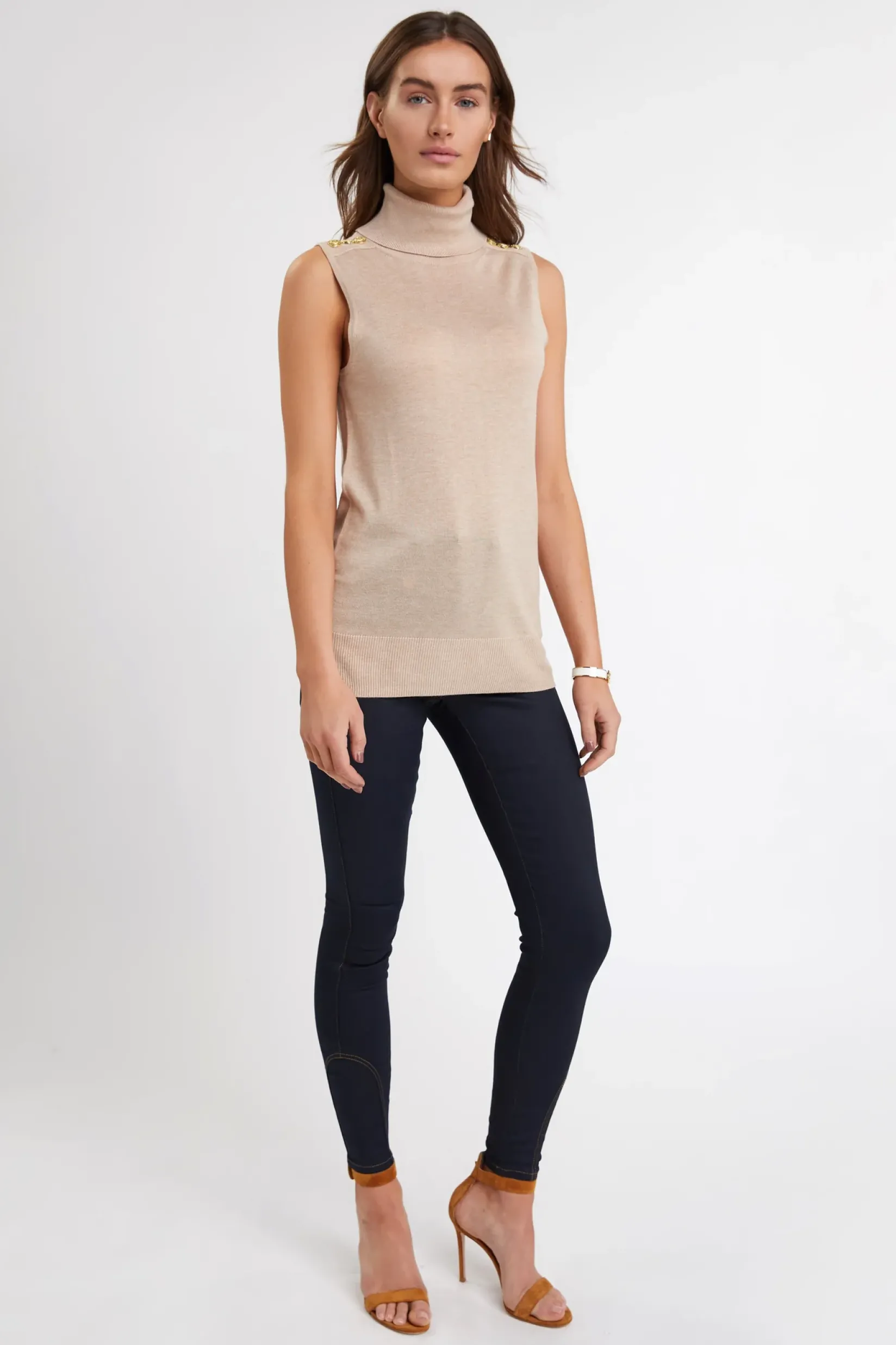 Holland Cooper Knitwear-Luxury Sleeveless Roll Neck Camel