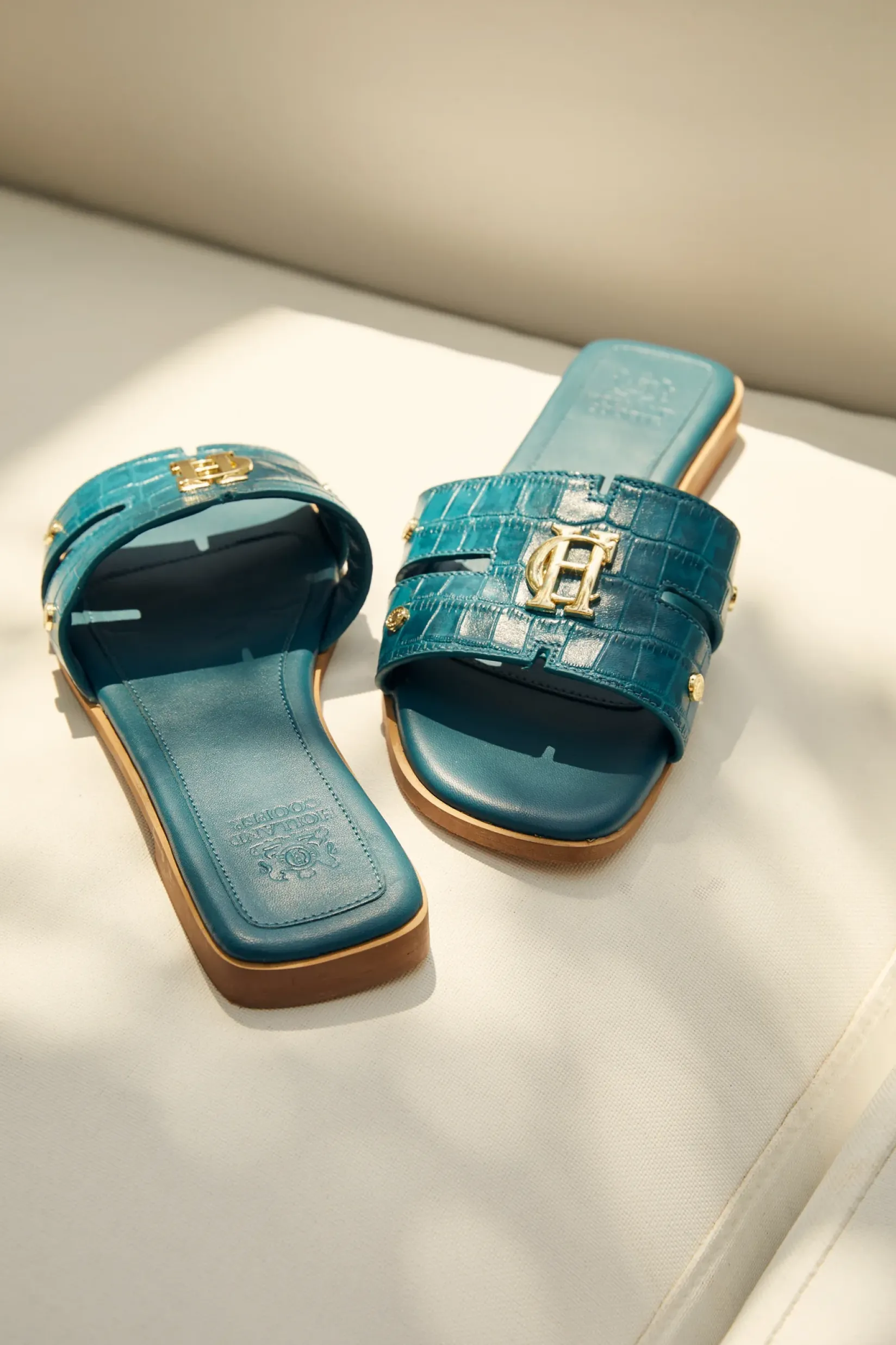 Holland Cooper Sandals|Footwear-Monogram Slides Teal Croc