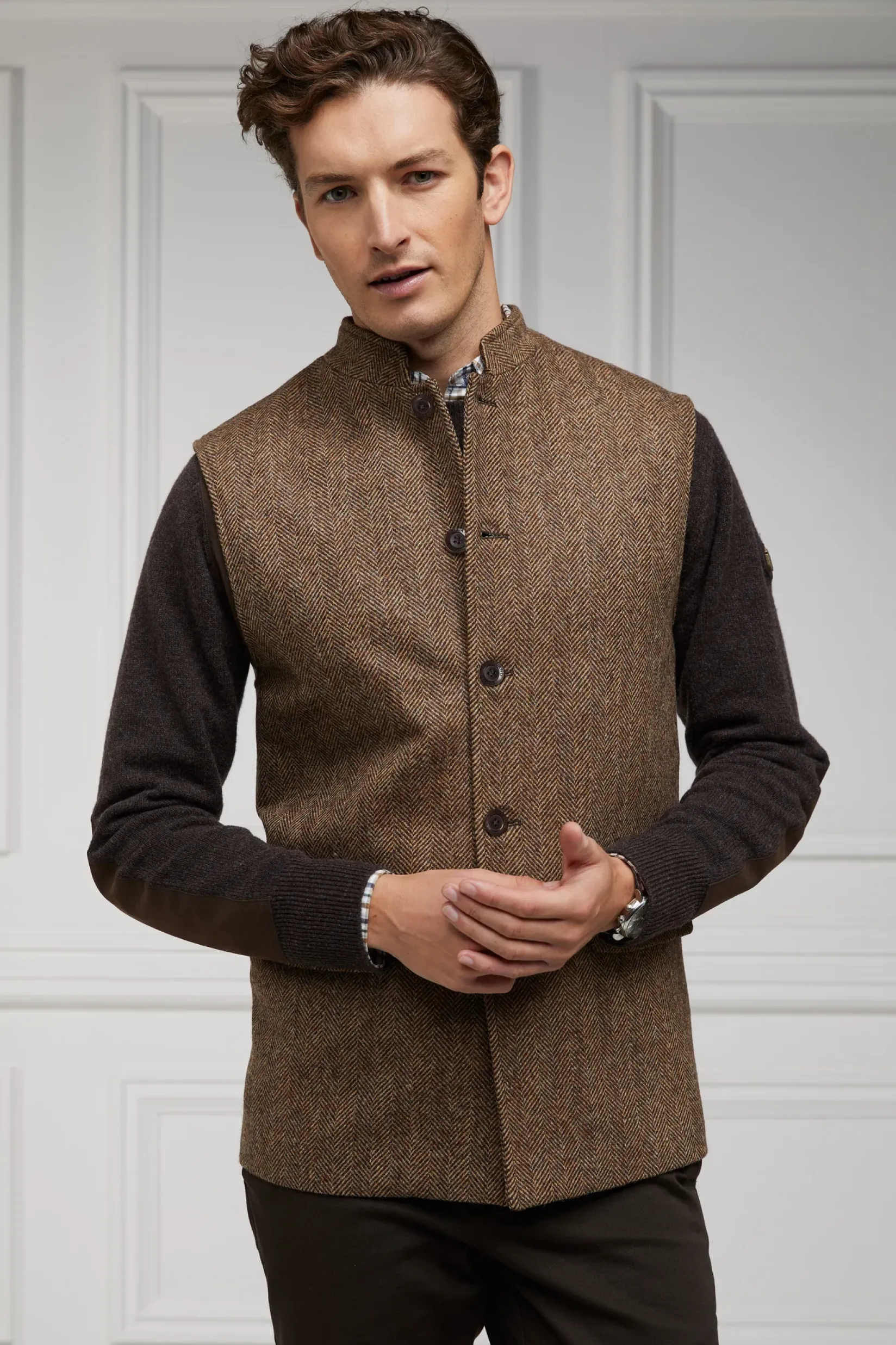 Holland Cooper Gifts For Him|Gilets-Nehru Gilet Large Scale Brown Herringbone