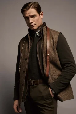 Holland Cooper Gifts For Him|Gilets-Nehru Gilet Large Scale Brown Herringbone