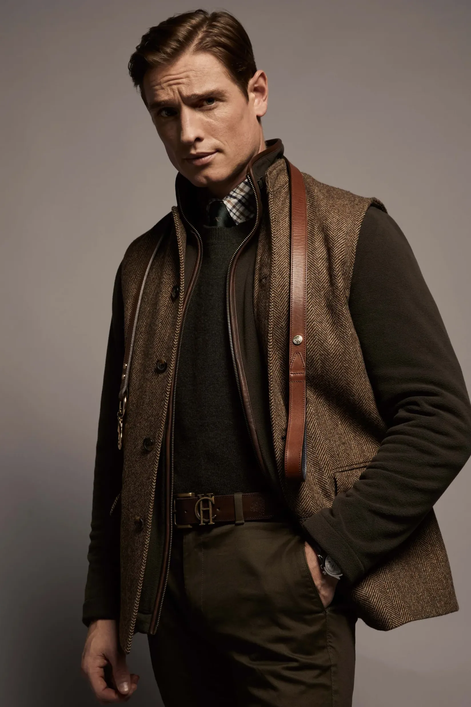 Holland Cooper Gifts For Him|Gilets-Nehru Gilet Large Scale Brown Herringbone