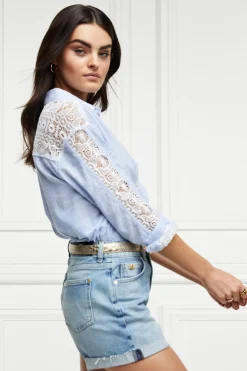 Holland Cooper Shirts & Blouses|Shop By Product-Oversized Cotton Lace Shirt Tick Stripe Sky Blue
