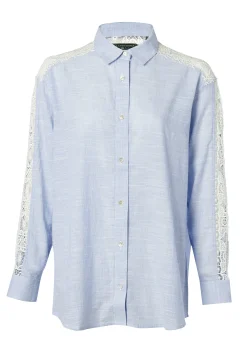 Holland Cooper Shirts & Blouses|Shop By Product-Oversized Cotton Lace Shirt Tick Stripe Sky Blue