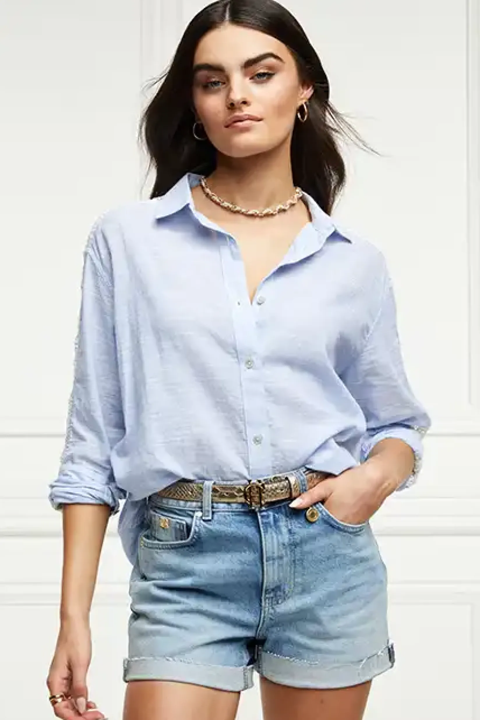 Holland Cooper Shirts & Blouses|Shop By Product-Oversized Cotton Lace Shirt Tick Stripe Sky Blue
