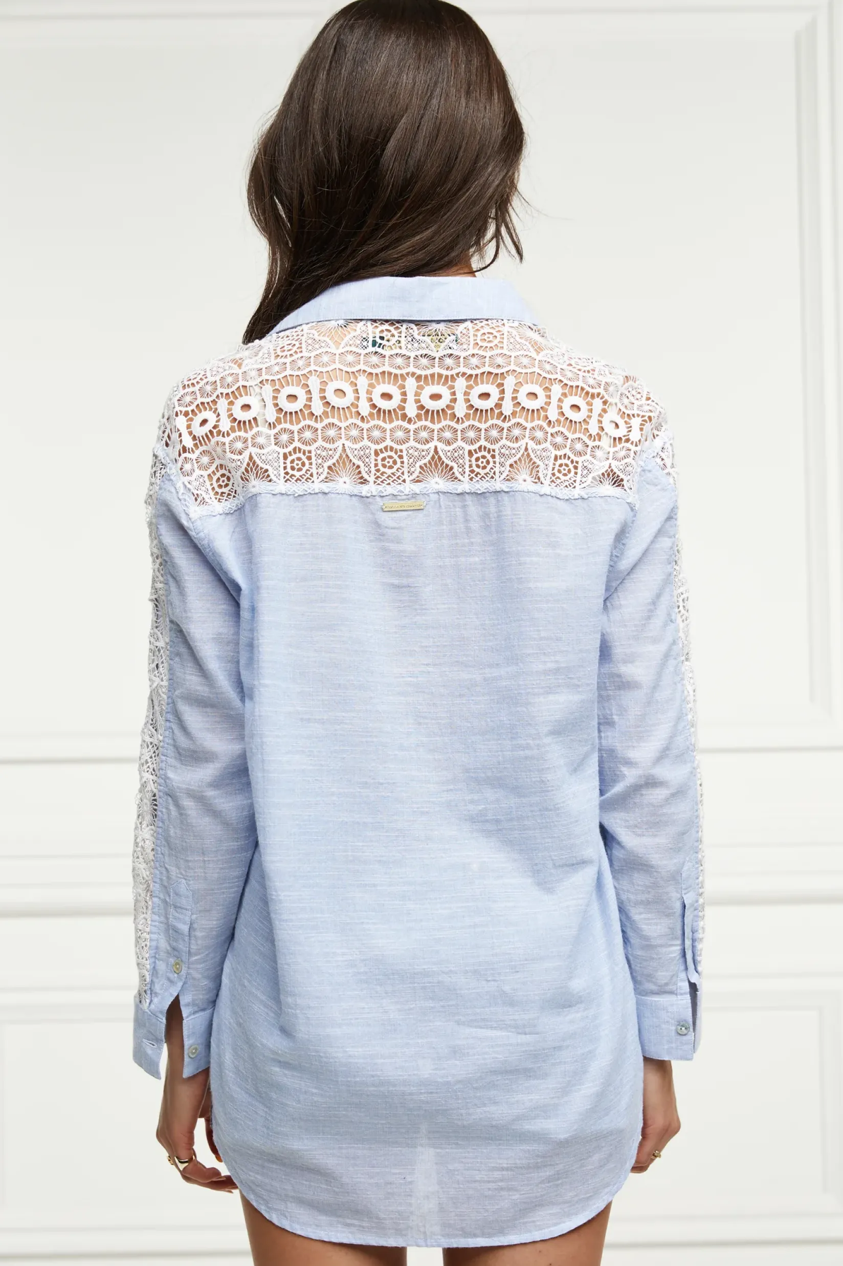 Holland Cooper Shirts & Blouses|Shop By Product-Oversized Cotton Lace Shirt Tick Stripe Sky Blue