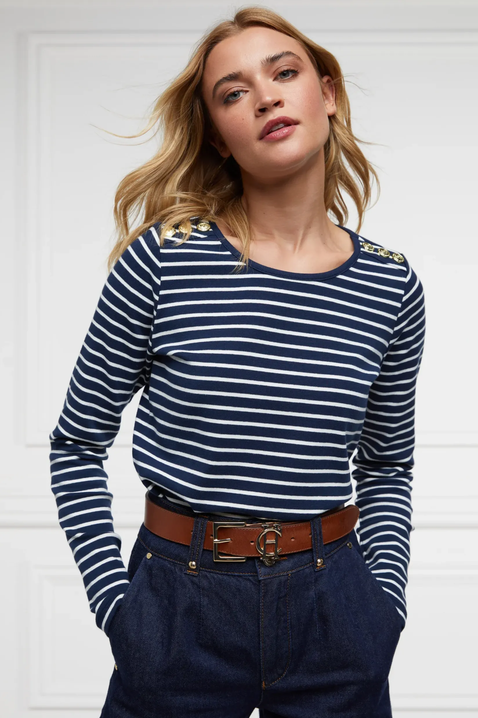 Holland Cooper Tees|Tops-Padstow Long Sleeve Crew Neck Tee Ink Navy Natural Stripe