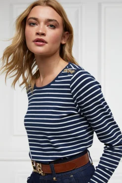 Holland Cooper Tees|Tops-Padstow Long Sleeve Crew Neck Tee Ink Navy Natural Stripe