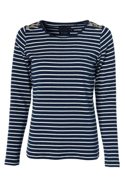Holland Cooper Tees|Tops-Padstow Long Sleeve Crew Neck Tee Ink Navy Natural Stripe