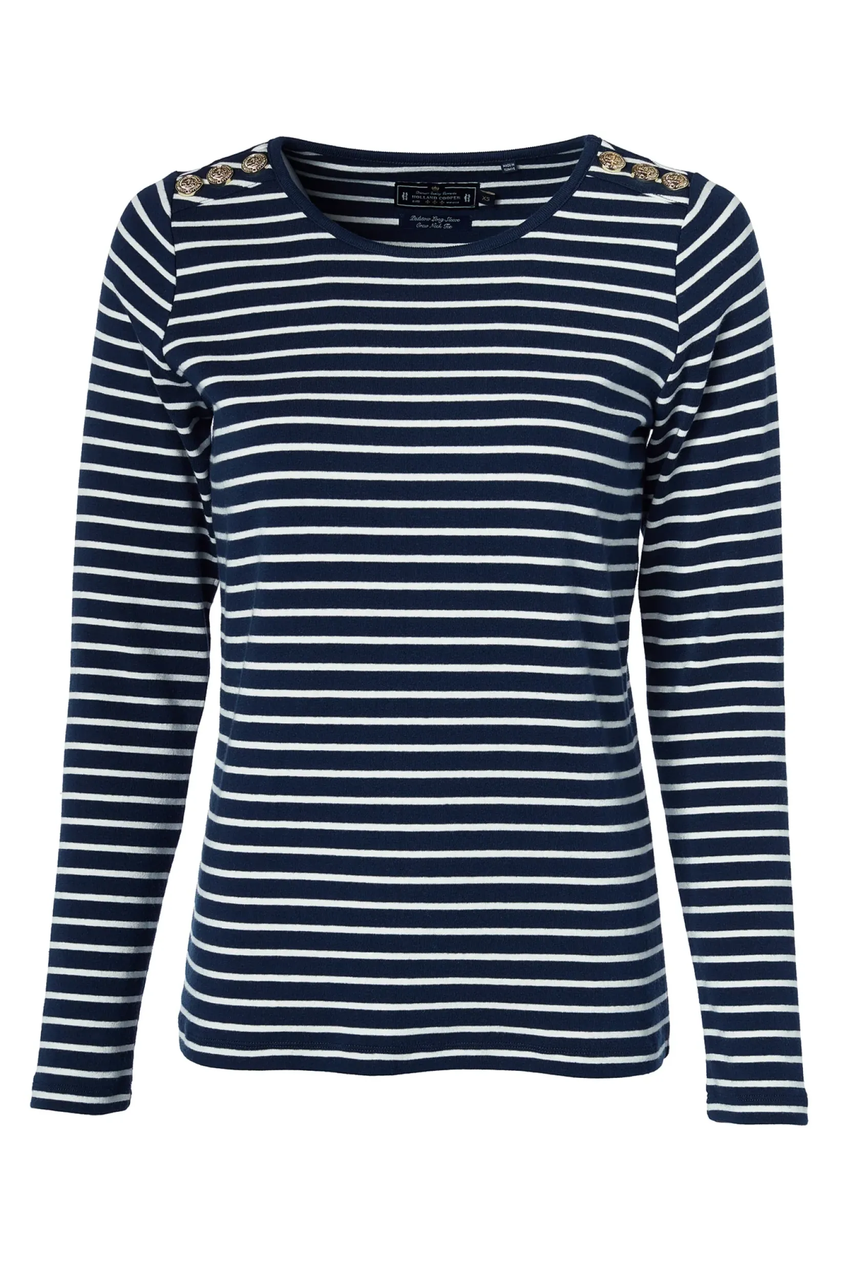 Holland Cooper Tees|Tops-Padstow Long Sleeve Crew Neck Tee Ink Navy Natural Stripe
