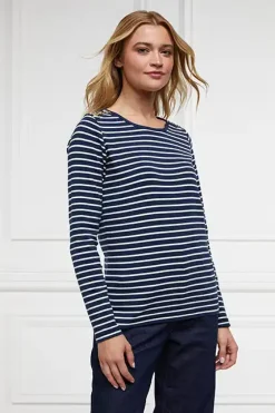 Holland Cooper Tees|Tops-Padstow Long Sleeve Crew Neck Tee Ink Navy Natural Stripe