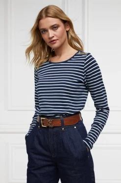 Holland Cooper Tees|Tops-Padstow Long Sleeve Crew Neck Tee Ink Navy Natural Stripe