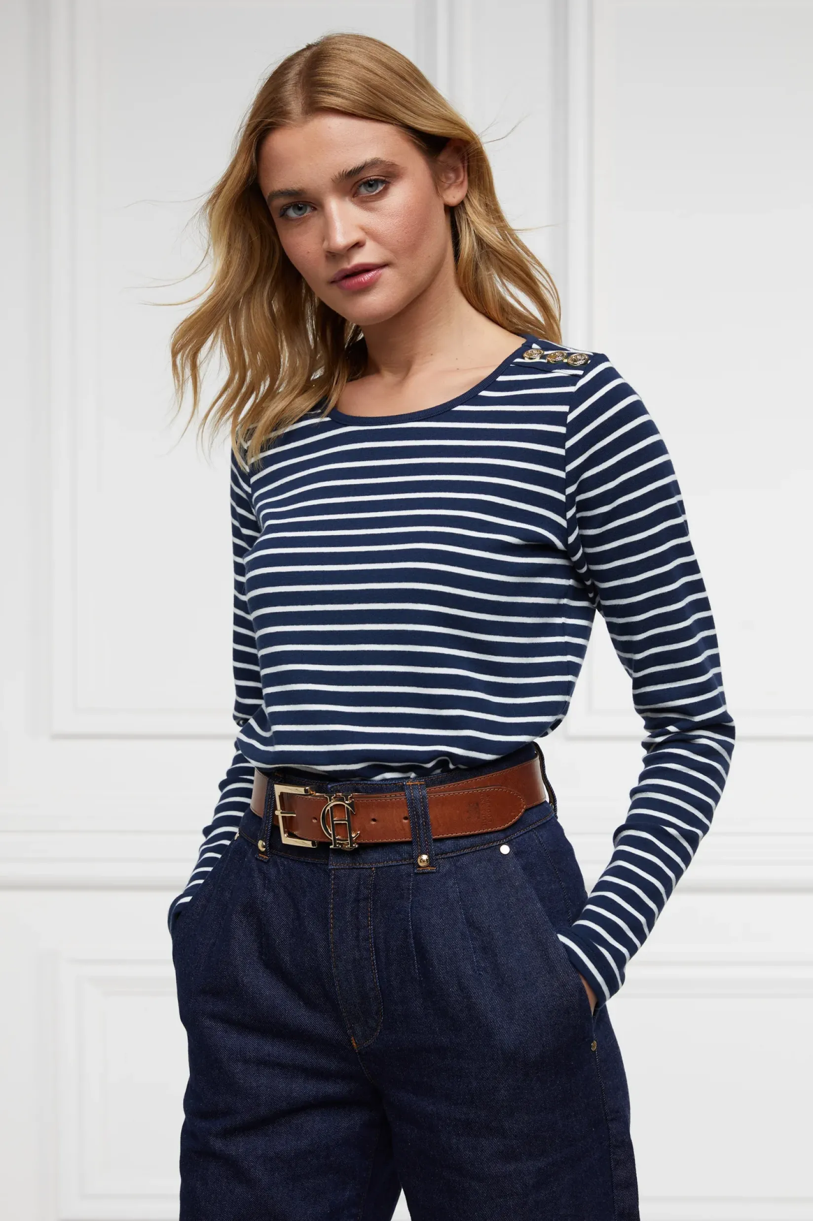 Holland Cooper Tees|Tops-Padstow Long Sleeve Crew Neck Tee Ink Navy Natural Stripe