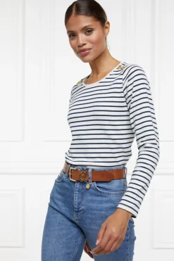 Holland Cooper Tees|Tops-Padstow Long Sleeve Crew Neck Tee Natural Ink Navy Stripe