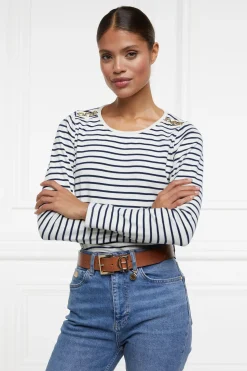 Holland Cooper Tees|Tops-Padstow Long Sleeve Crew Neck Tee Natural Ink Navy Stripe