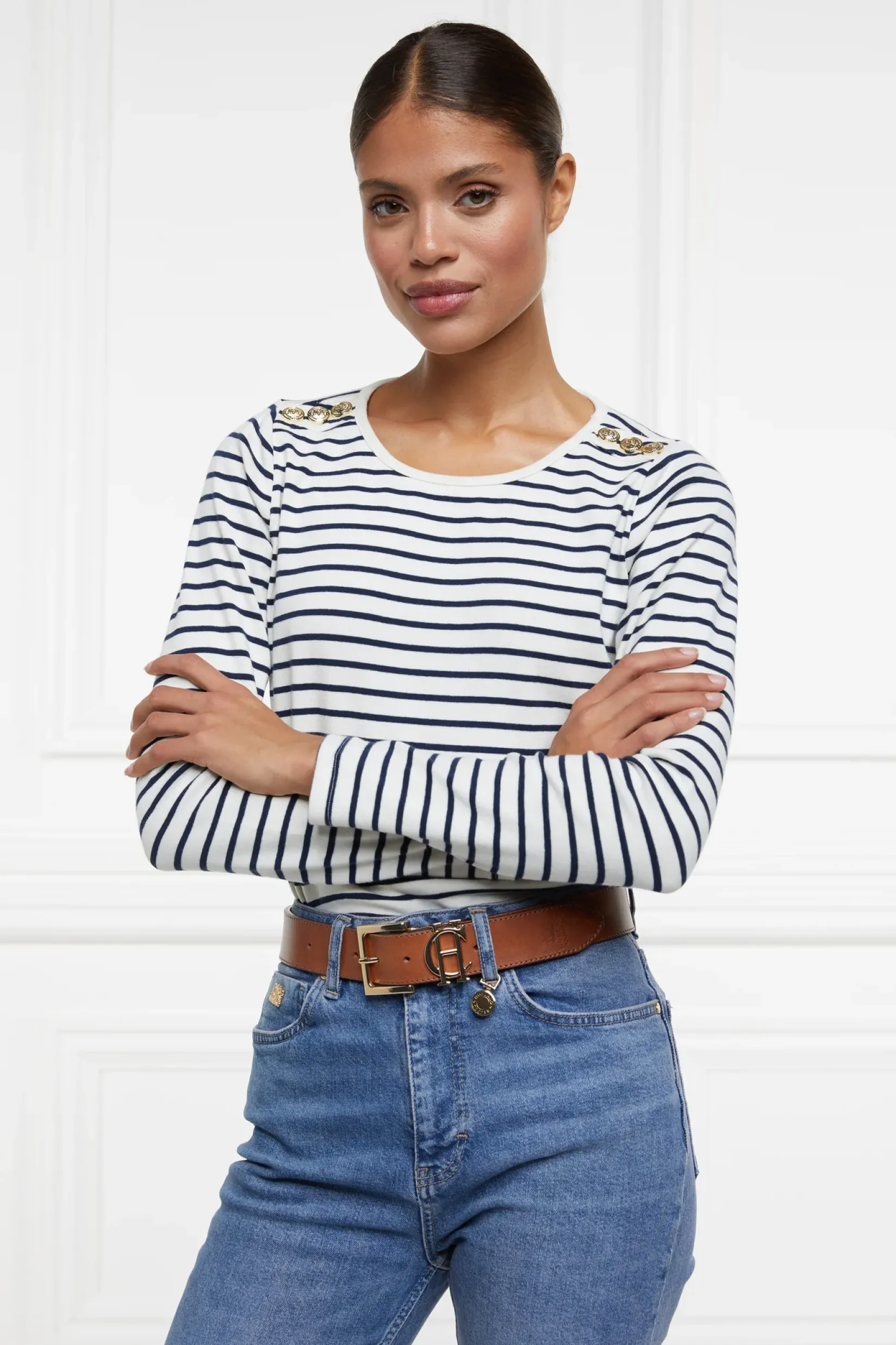 Holland Cooper Tees|Tops-Padstow Long Sleeve Crew Neck Tee Natural Ink Navy Stripe