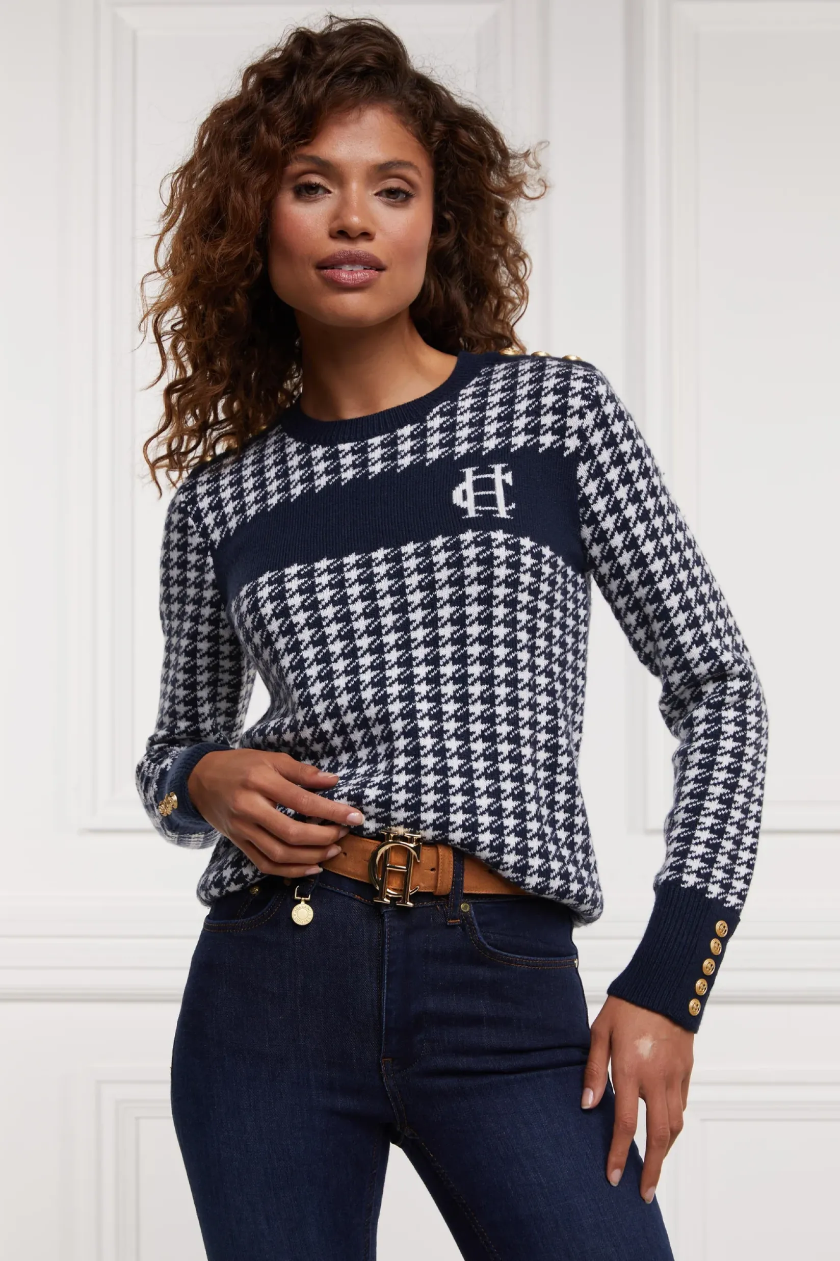 Holland Cooper Knitwear-Panel Crew Neck Knit Ink Navy