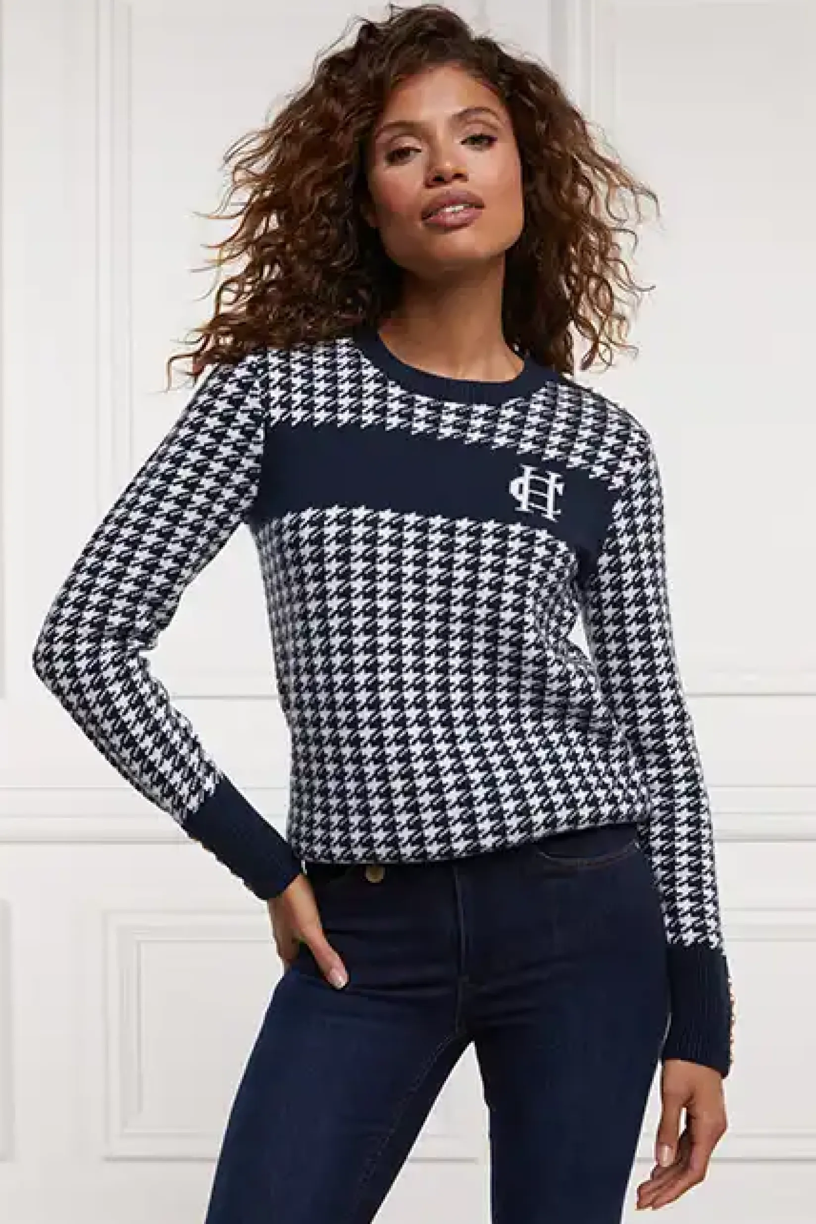 Holland Cooper Knitwear-Panel Crew Neck Knit Ink Navy