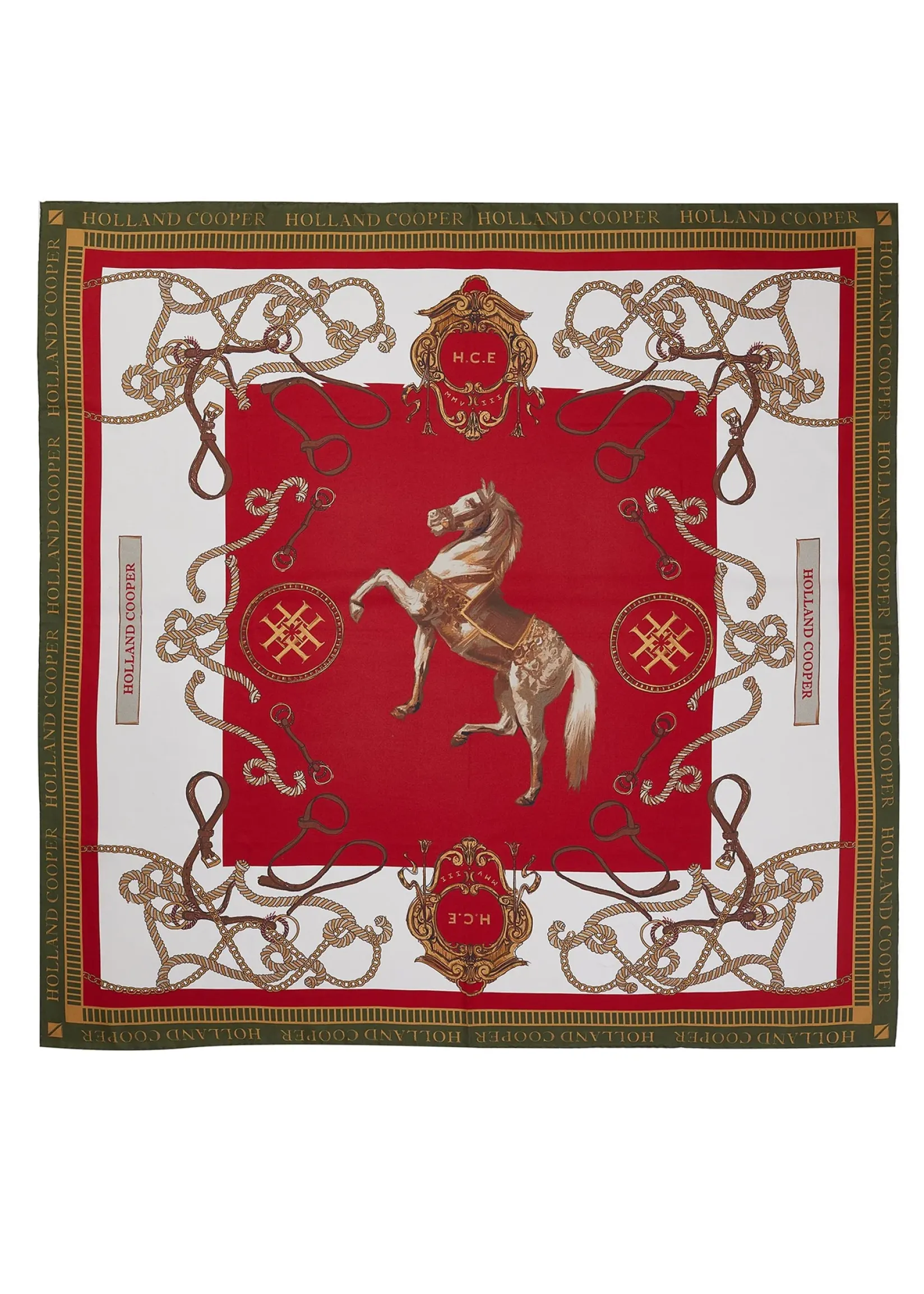 Holland Cooper Gifts For Her|Scarves-Regal Horse Silk Scarf Racing Green Heritage Red
