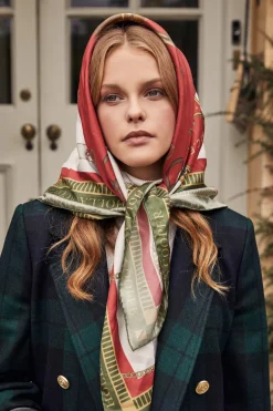 Holland Cooper Gifts For Her|Scarves-Regal Horse Silk Scarf Racing Green Heritage Red
