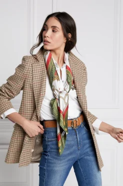 Holland Cooper Gifts For Her|Scarves-Regal Horse Silk Scarf Racing Green Heritage Red
