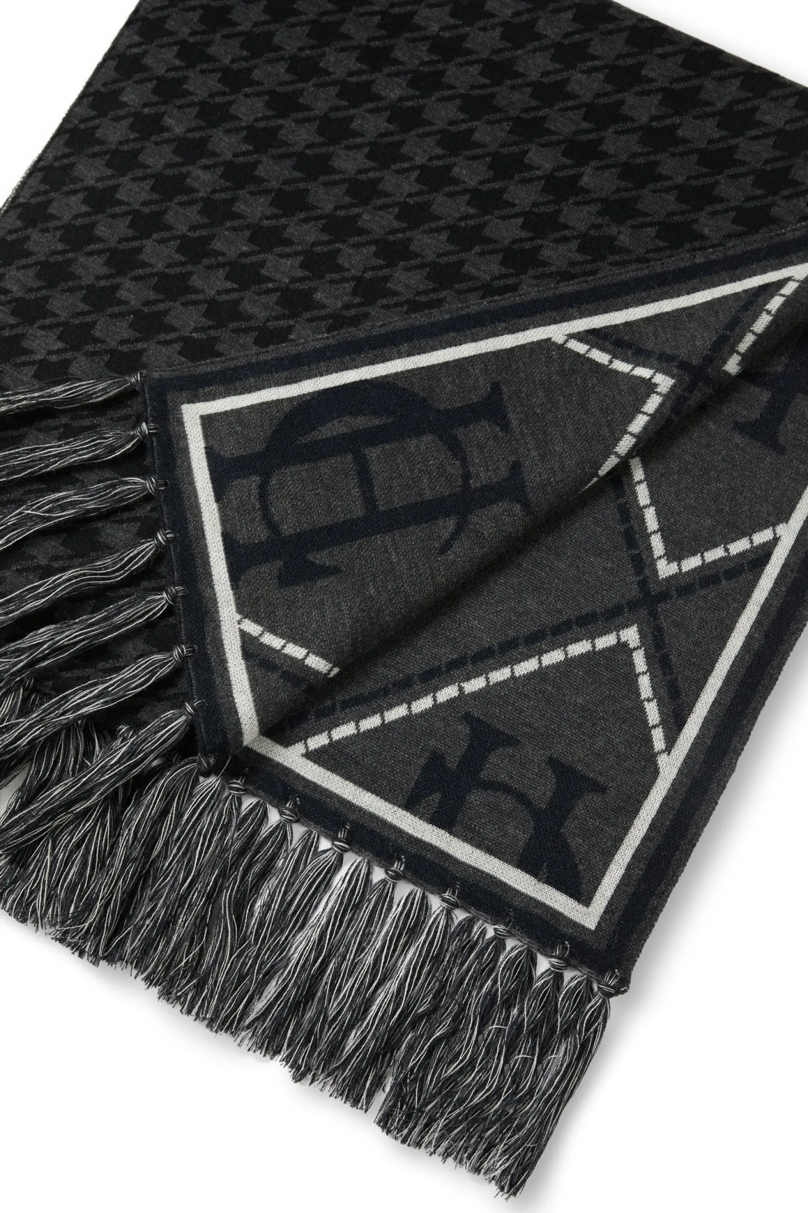 Holland Cooper Scarves|Scarves-Reversible Monogram Scarf Charcoal Houndstooth
