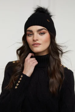 Holland Cooper Hats & Headbands|Hats & Headbands-Rib Bobble Hat Black