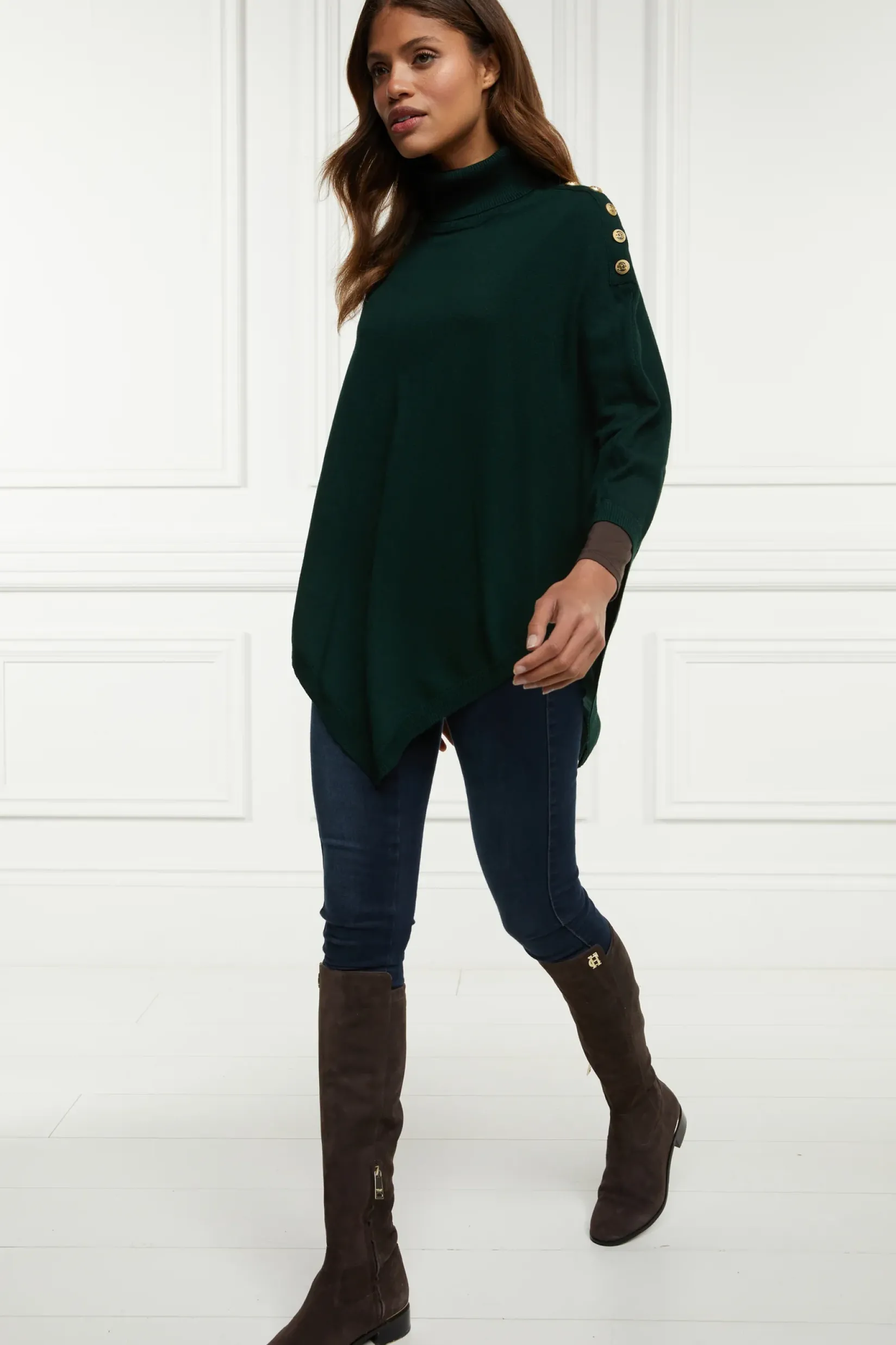 Holland Cooper Gifts For Her|Knitwear-Roll Neck Cape Deep Emerald